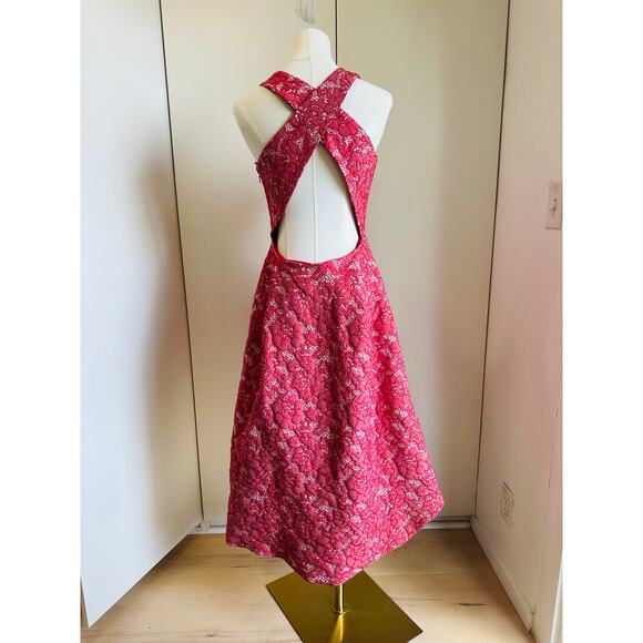 ML Monique Lhuillier Lace Pattern High Low Formal Dress Red white SZ SM Pockets - Picture 6 of 16